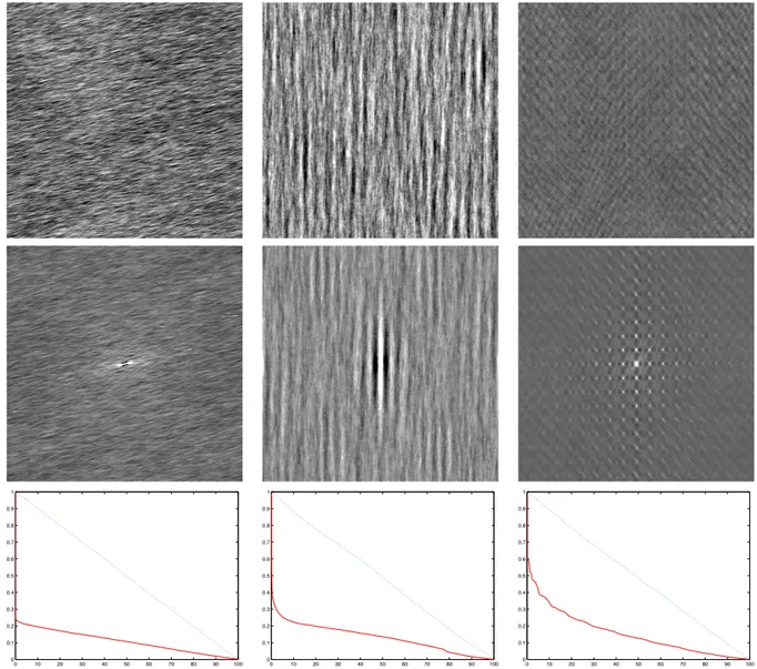Figure 2.4: First row: the texture image u. Second row: the texton T (u). Third row: the proportion of energy in a disc centered at the origin as a function of the percentage of pixels it contains (see Equation (2.30)), for both the texton (red curve), and the original texture (dotted curve).