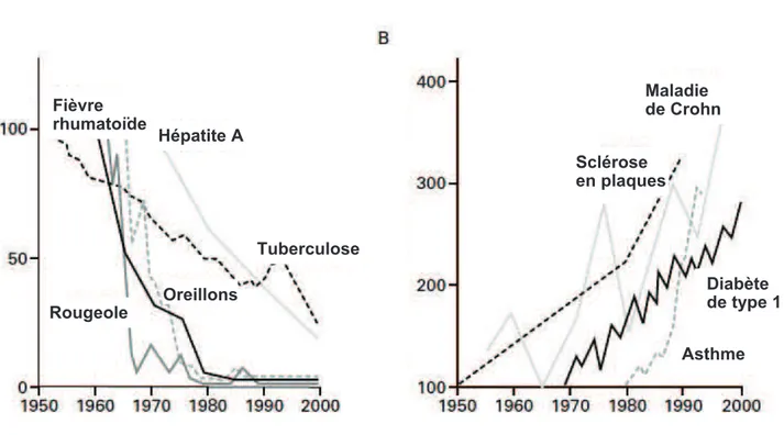 Figure  1.  Relation  inverse  entre  l’incidence  des  maladies  infectieuses  (A)  et  l’incidence  des désordres immunologiques (B) entre 1950 et 2000