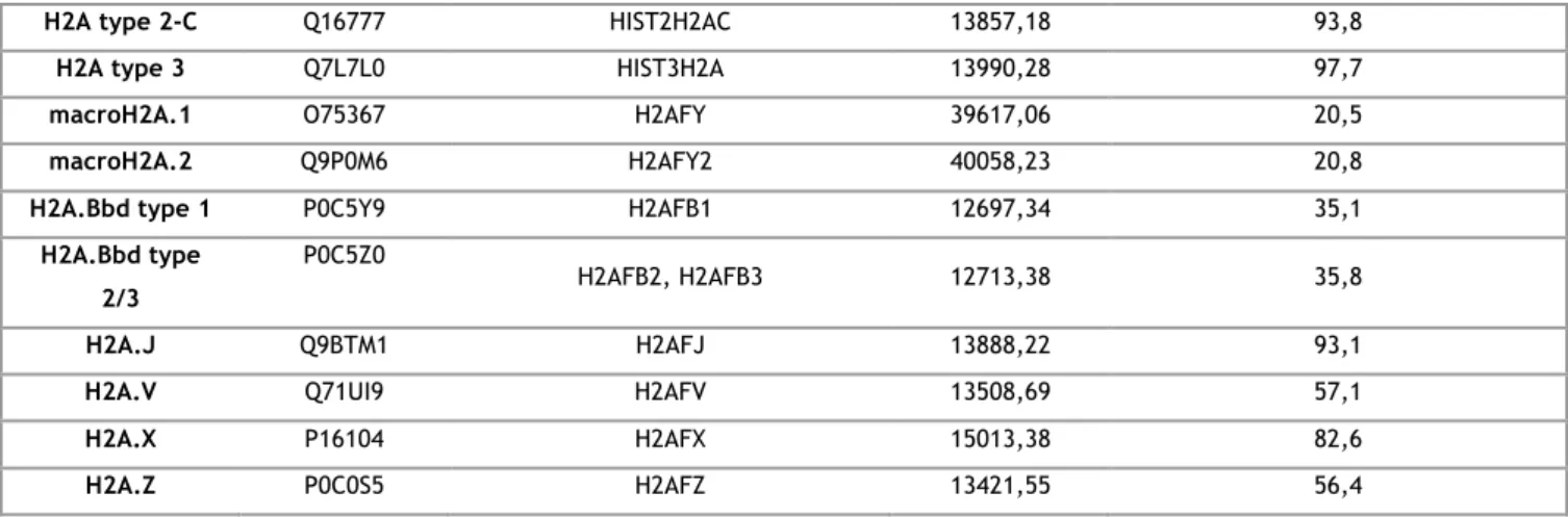 Tableau  2 :  récapitulatif  des  différents  variants  et  isoformes  canoniques  de  la  famille  d’histone  H2B  caractérisés chez l’Homme