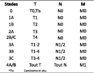 Tableau 1. Classification TNM pour le cancer colorectal d'après la dernière édition AJCC (7ème édition)