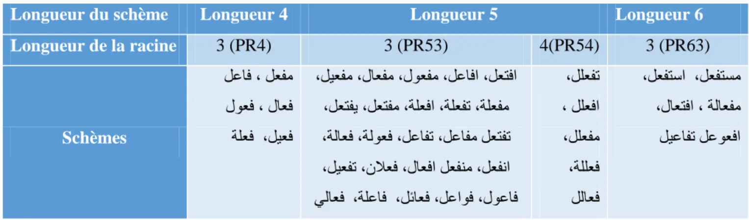 Table 28 : Table des schèmes  PR4 : liste des schèmes de longueur 4 (extraction de racine de longueur 3)  PR53 : liste des schèmes de longueur 5 (extraction de racine de longueur 3)  PR54 : liste des schèmes de longueur 5 (extraction de racine de longueur 4)  PR63 : liste des schèmes de longueur 6 (extraction de racine de longueur 3) 