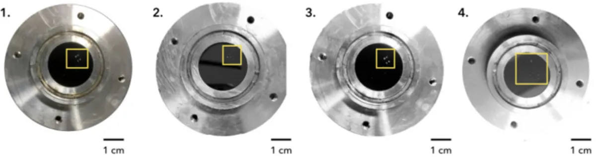 Fig. 2.11 Macro distribution of bacteria aggregates. The acoustic resonator working at 4.1 MHz driving frequency inoculated with motile Escherichia coli (1-3) and inoculated with non-motile cell exhibited the formation of small aggregates in the same regio