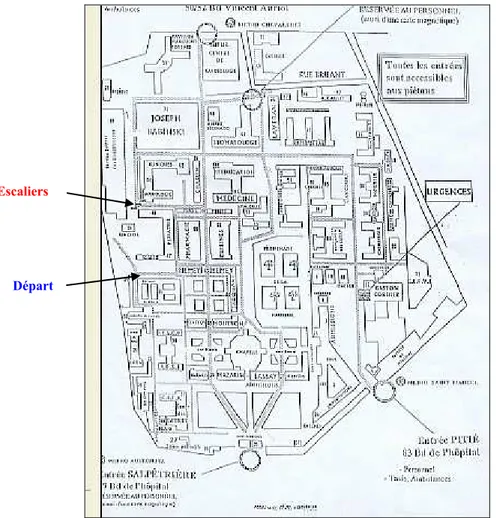 Fig 10 : Plan de l’hôpital : donné aux participants pour retracer le trajet, escaliers et points de départ mentionnés 