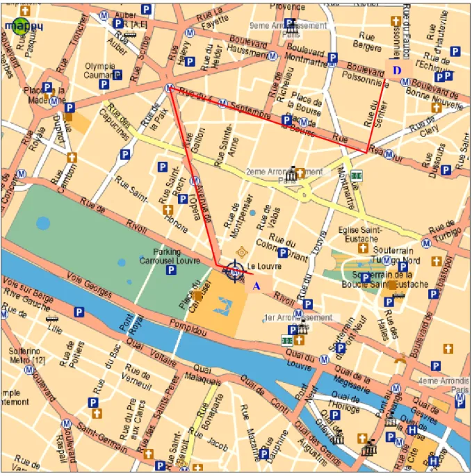 Fig 6: plan de Paris (source Mappy, internet), exemple de trajet à effectuer.  D : Départ : rue du sentier ; A : Arrivée : musée 