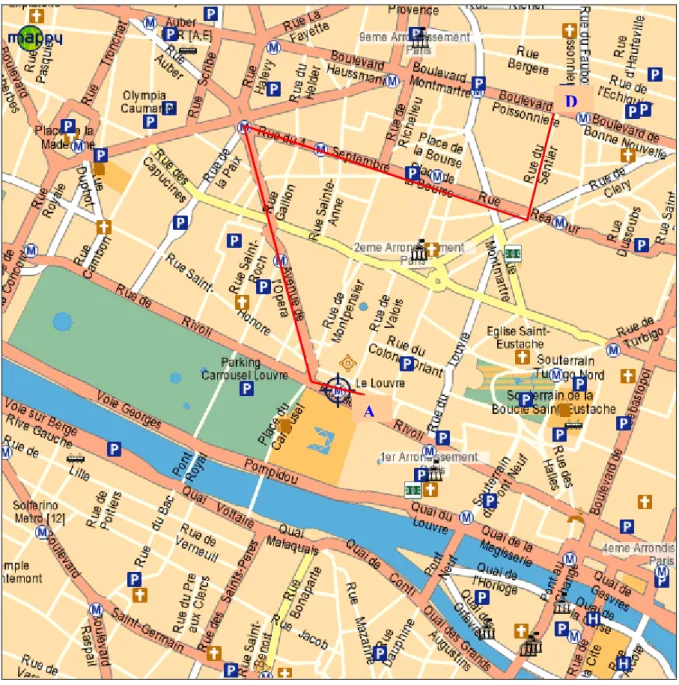 Fig 6: plan de Paris (source Mappy, internet), exemple de trajet à effectuer.  D : Départ : rue du sentier ; A : Arrivée : musée 