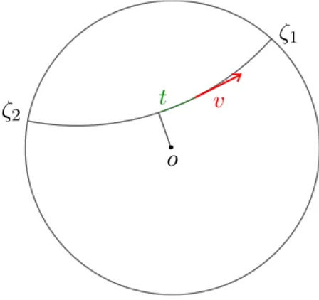 Figure 2.2 – Le vecteur v en rouge dans le dessin ci-dessus est complètement déterminé par la donnée d’un 2-uplet de points (ζ 1 , ζ 2 ) du bord de H 2 et de la longueur t ∈ R en