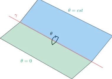 Figure 3.2 – En rouge le fil rectiligne γ, que l’on pourrait voir comme la reliure d’un livre ouvert dont les demi-plans θ = cst constitueraient les pages.