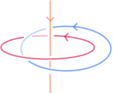 Figure 3.3 – La courbe orange est la fibre qui passe par le point ∞. On voit ici que les trois fibres s’enlacent deux à deux avec le signe ±, le signe étant fonction de l’orientation globale de S 3 .
