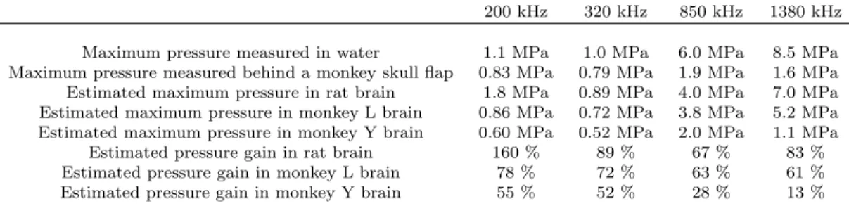 Table 3.1: Measured and numerical results for peak positive pressures and pressure gains in rat and monkey
