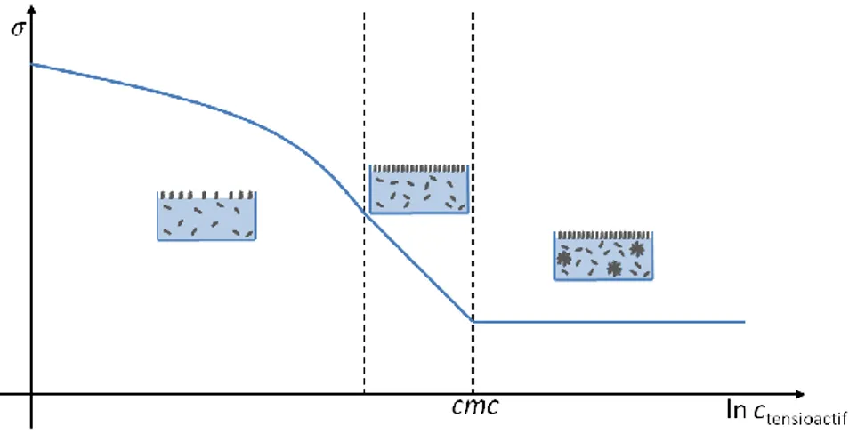 Figure 3-4 : Représentation schématique de l‟évolution de la tension de surface en fonction de la concentration  en tensioactif