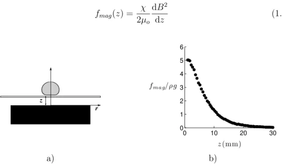 Figure 1.13 – a) Schéma de l’expérience. z désigne la distance entre le dessus de l’aimant et le dessous de la goutte