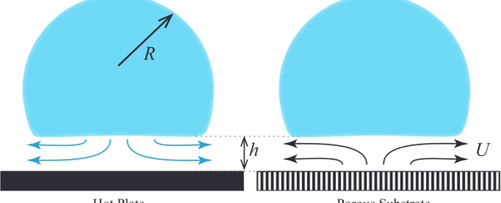 Figure I.9 – Leidenfrost drop (left) and air-levitated drop (right). We can see how striking is the analogy between these two situations.