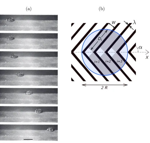 Figure II.8 – (a) Placed on the symmetry axis of a hot herringbone made of brass (angle 2α = 90 ◦ , T = 400 ◦ C), an acetone drop (mass m, volume Ω = 200 µL) self-propels