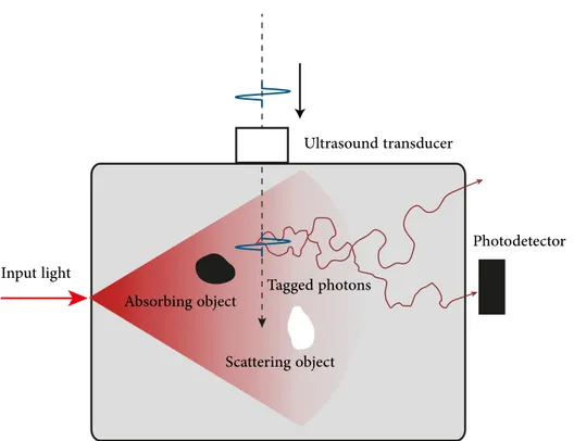 Figure 1.10 – Schematics of acousto-optics. The ultrasound pulse modulates the light and the tagged photons are detected by a photodetector