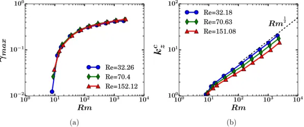 Figure II.12 shows γ max and k c z as a function of Rm for diﬀerent values of Re. γ max