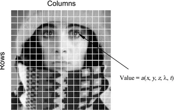 Figure 1.1 – Digitization of a continuous image. The pixel at coordinates [m=10, n=3] has the integer brightness value 110 [3]