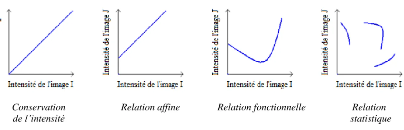Figure 2.11 – Exemple de relations fonctionnelles entre les intensités contenues dans deux images 