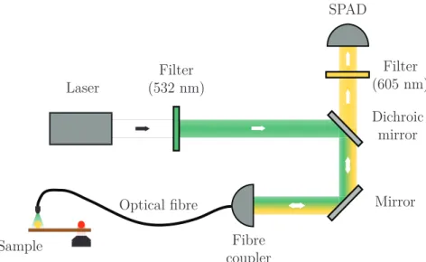 Figure 2.7 – Excitation part of the optical setup. SPAD stands for single-photon avalanche diode.