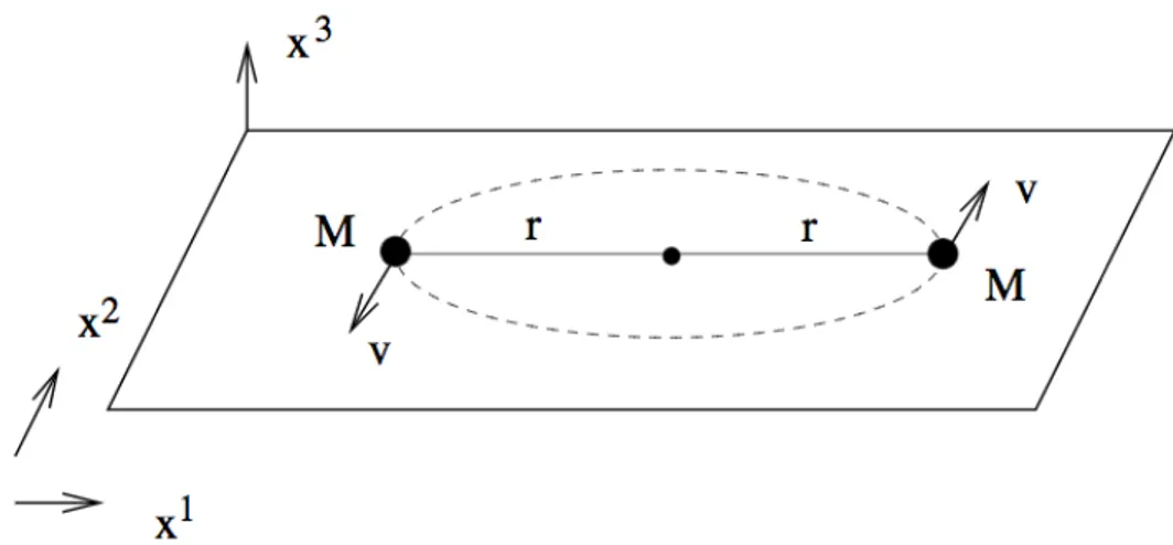 Figure 1.1: Illustration of the problem where we have two stars of mass M orbiting in the plane (x 1 , x 2 )