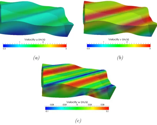Figure 3.8: Surface level of the 3d solution and (a) and (b) horizontal velocities u and v and (c) vertical velocity w.
