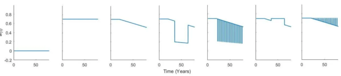 Figure 4.2: Examples of different immune system activity across ages (0 to 80). We explore the respective contribution of the duration and the frequency of immune challenges on the number of cancerous cells at the age of 80 (assumed to be the end of indivi