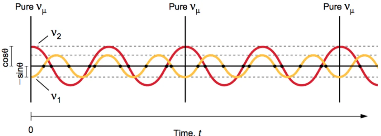 Figure 1.7: Two-neutrino oscillations as an interference phenomenon. The phases associated to the |ν 1 i