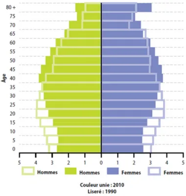 Figure 1. Pyramide de la population en Europe (EU-27) en % de la population totale. Comparaison entre  1990 et 2010 