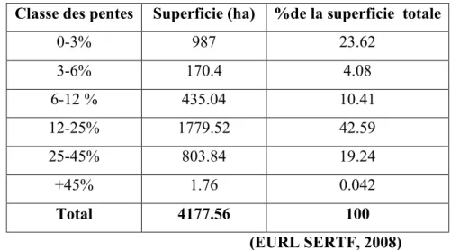 Tableau III : Classe  des pentes de la forêt de Beni Yadel 
