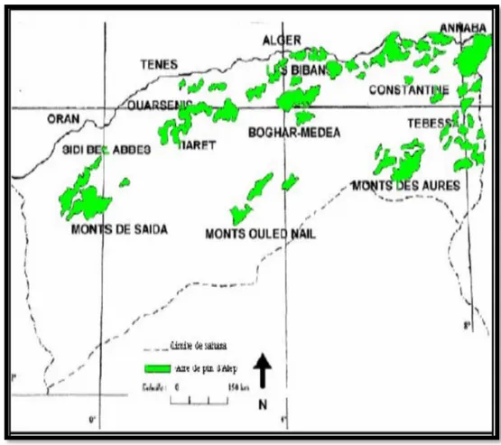 Figure 02 : Répartition du pin d’Alep en Algérie (Bentouati, 2006). 