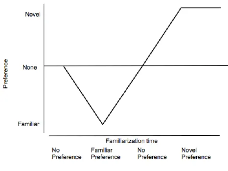 Figure  3  illustrates  the  model  of  Hunter  and  Ames  (1988)  assuming  that  three factors are involved in the novelty/familiarity preference in infants: age, task  difficulty (i.e., the nature of the stimulus and thus the infants’ difficulty to proc