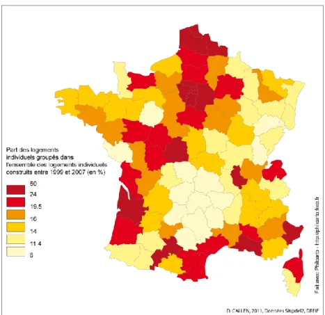 Figure 11. Les logements individuels groupés dans l’ensemble des logements individuels dans les départements français entre 