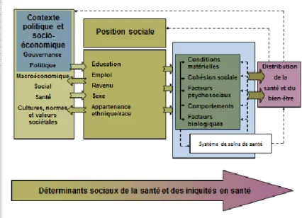 Figure 1 – Modèle des déterminants sociaux de la Commission sur les déterminants  sociaux de la santé (CDSS) de l’Organisation mondiale de la santé (OMS)(5) 