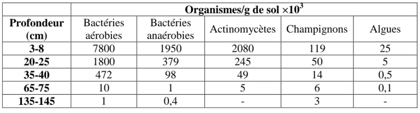 Tableau 1 : Distribution des microorganismes en fonction du sol (Alexande, 1994).  