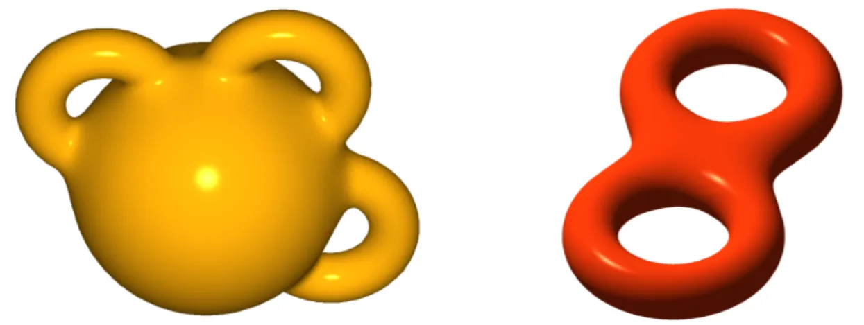 Figure 7 – À gauche, une sphère à trois anses ; à droite, un tore à deux trous. Ces deux domaines satisfont la condition (H 2 )