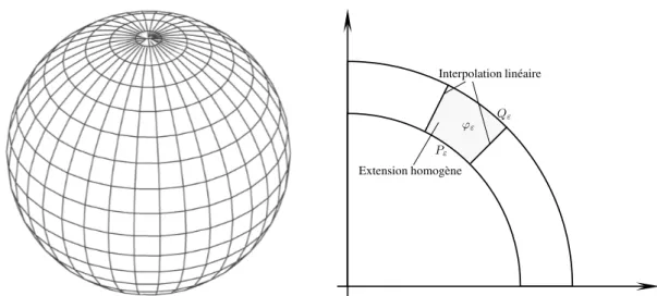 Figure 8 – À gauche, une grille sur la sphère. À droite, une représentation schématique de la construction de Luckhaus