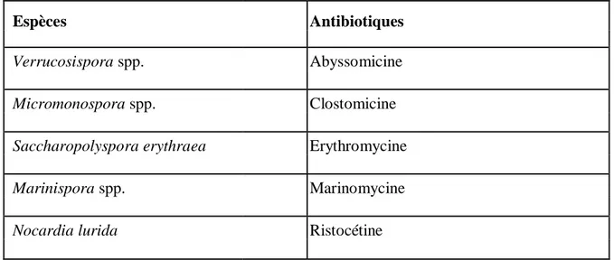 Tableau  II  :  Exemples  d’antibiotiques  produits  par  les  actinobactéries(Ait  Barka  et  al.,  2016)