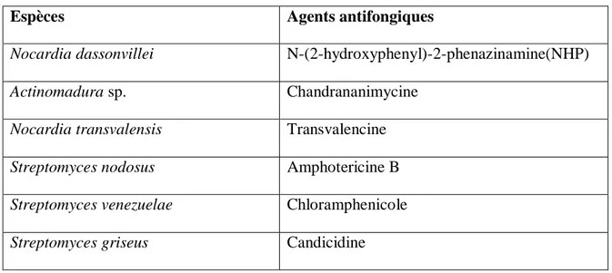 Tableau III :  Exemples d’agents antifongiques produits par les actinobactéries (Ait  Barka  et  al., 2016, Manivasagan et al., 2014)