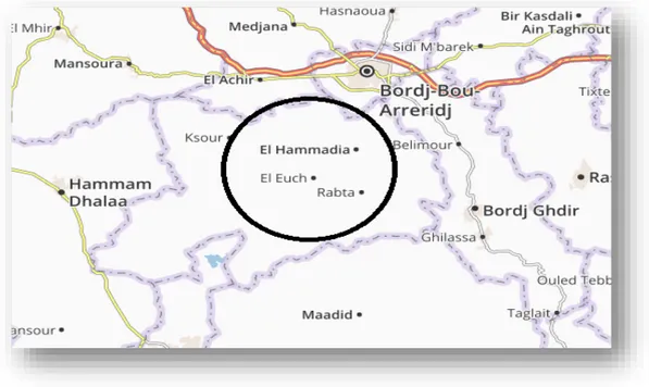 Figure n°08  : Localisation de la daïra dans la wilaya de Bordj Bou Arreridj (google maps  2020).