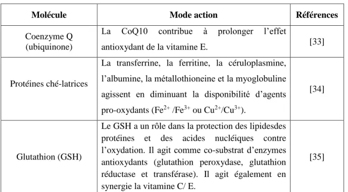Tableau 3 : Principaux systèmes antioxydants non enzymatiques endogènes 