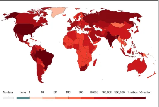 Figure 01. Nombre total des cas confirmés de COVID-19 dans le monde notifiés le 14 août  2020 (OWID, 2020)