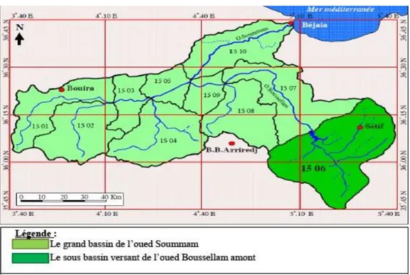 Figure II.1. Situation géographique du sous-bassin versant de Boussellam amont.  Le sous bassin du Boussellam amont qui fait l’objet de cette étude contient 35 % de la  surface du grand bassin Boussellam (1785 Km 2 ), du code 15-06 d’après l’Agence nationa