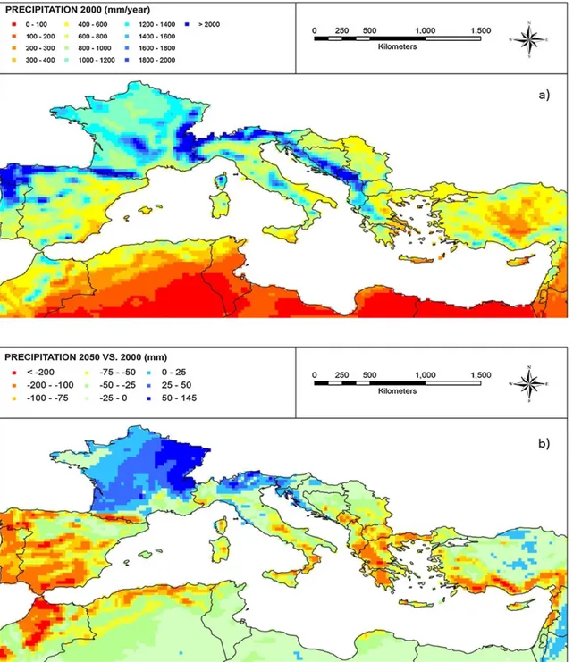 Figure 7 : Structure spatiale des précipitations annuelles moyennes sur la Méditerranée  pour 1991–2010 (a) et son évolution prévue sur la période 2000–2050