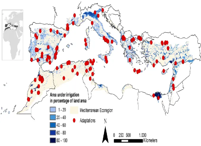 Figure 9 : Zone d'étude: les parties de l'écorégion méditerranéenne sous irrigation variant  d'un pourcentage faible à élever (Olson et al.2001; Siebert et al.2005, 2013), en outre 