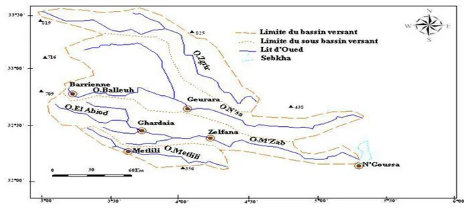 Figure 03 : Carte géographique de bassin versant de la vallée du M‟Zab (extrait de la carte de 