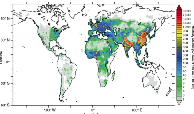 Figure	1	:	Mortalité	liée	à	la	pollution	de	l'air	extérieure	en	2010	(Lelieveld	et	al.,	2015)	