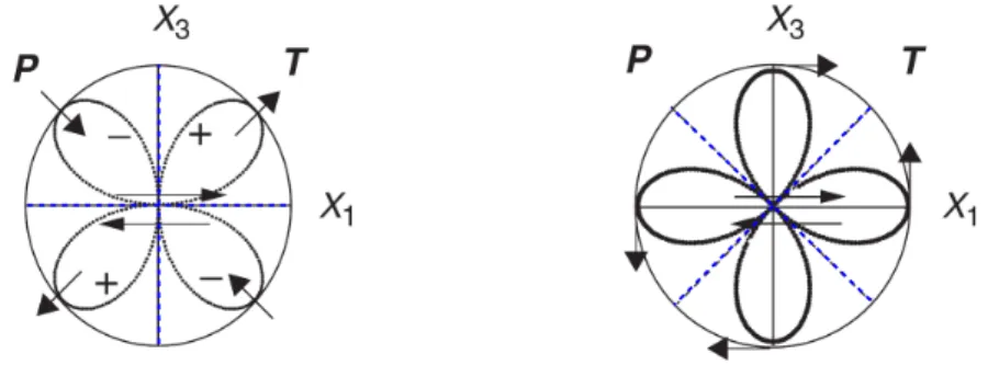 Figure 1.3 – R´ epartition de la radiation en champ lointain en fonction du m´ ecanisme, vu dans le plan X 2 , normal aux deux plans auxiliaires X 1 et X 3 , pour l’onde P (gauche), et SH (droite)