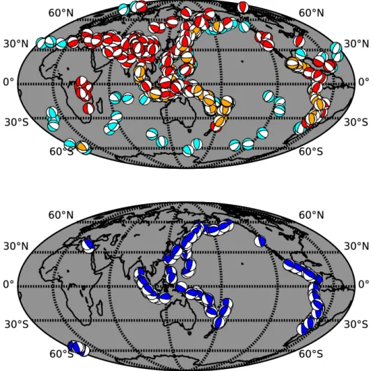 Figure 3.3 – World map of the earthquakes (with their SCARDEC focal mechanisms) analy- analy-zed in this study