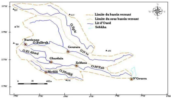 Figure 03 : Carte géographique de bassin versant de la vallée du M’Zab (extrait de la carte  de DUBIEF., 1953) 
