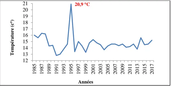 Figure 9 : Evolution de la température moyenne annuelle à Sétif (1985-2017) 