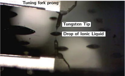 Figure 1.12: Photograph of the tuning fork tip standing close to the substrate, along with its reflection.